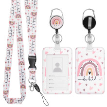 TIESOME Retractable Lanyard with ID Card Holder Set, Boho Rainbow Plastic Card Holder with Detachable Lanyard and Retractable Badge Reel Clip ID
