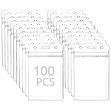 QWORK? Pack of 100 Vertical Card Holder for Lanyard, Thickened 0.56mm Plastic Name Tag Badge ID Card Holder 115x70 mm for Card Size 90x60 mm