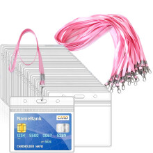 15pcs Pink Lanyards for Neck with 15pcs Card Holder, Clear Plastic ID Card Holder and Lanyard, Horizontal Sealable Waterproof Name Badge Holders with