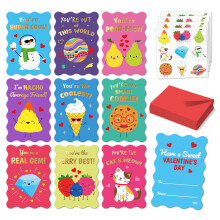 S&O 36 Funny Valentines Cards for Kids Classroom - School Valentines with Envelopes for Kids - Cartoon Card Stickers - Double Sided Cards for Boys &