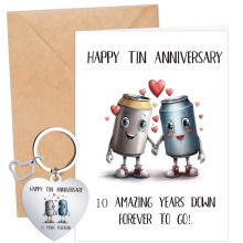 Eiapadeor 10th Wedding Anniversary Card Gift - 2PCS Anniversary Tin Gifts, 10 Years Wedding Card With Envelopes, Unique Heart Keyring, Funny 10th Tin