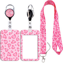 Lanyard for ID Card Badge Case Protector with Retractable Cord Heavy Duty Carabiner Keychain, Pink Heart Vertical ID Holder for Nurse Teacher Office