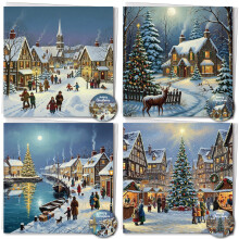 Simply Gifted Charity Christmas Cards Pack of 24 ? Christmas Cards Multipack 4 Cute House Design with Envelopes & Stickers-125x125mm Luxury Charity