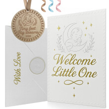 2026 Luxury A5 New Baby Card with Wooden Keepsake ? Premium Cotton Paper with Gold Foil & Embossing ? Matching Envelope & Seal ? Baby Boy, Baby Girl &