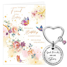 Faccito Female Friend Birthday Card and Good Friend Keychain for Women Girls, Pretty Flower Butterfly Design Card with White Envelope, Birthday Gifts