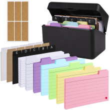 Index Card Box Set, 15x9,5x8,5cm Plastic Flashcard Organiser Revision Cards Holder - 230 Coloured Flash Cards 15 Card Dividers and Box Set for Study