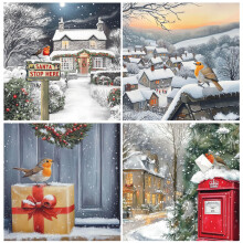 Charity Christmas Cards Pack of 24. Each Christmas Card multipack has 4 different Robin designs. Large size 150x150mm. Verse Inside. Ecofriendly and