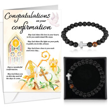 HOWAF Confirmation Card Congratulations Card & Black Natural Stone Cross Bracelet, Gift Box, Confirmation Gifts for Boy, Son, Grandson, Nephew