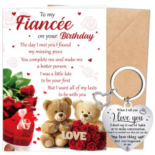 Luvart Fiancee Birthday Card for Her - 2Pcs Fiancee Gifts, Romantic Bear Rose Birthday Card Envelopes, I Love You Keyring, Sweet Valentines Birthday