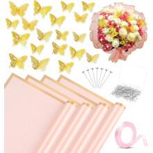 LATERN 20Pcs Pink Flower Wrapping Papers with Gold Border, 100Pcs Diamond Bouquet Pins, 60Pcs 3D Gold Butterflies, 1Pcs Ribbon Roll, for Valentine