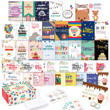 feela 40 Happy Birthday Cards Pack, 40 Designs Birthday Cards Multipack and 40 Blank Envelopes, 48 Pieces of Stickers 2 Washi Tapes, 10X15cm Blank