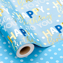 Wikadlik Blue Birthday Wrapping Paper - 43cm x 10m - Gold Foil Happy Birthday Lettering Polka Dots Reversible Gift Wrap Paper for Party Shower Holiday