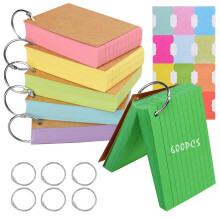Vakki 6 Pack 600 Pcs Revision Cards, Flashcards for Revision Index Cards Ruled Multicolor Kraft Paper Notecards Cue with 6 Metal Binder Rings for