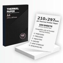 A4 Thermal Printer Paper | 100 Sheets | 210x297mm | Thermal Paper A4 Compatible with Phomemo Paper M08F, M832, M834, Q302, Munbyn, POLONO D810, iDPRT,