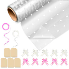 Huruc Dotted Cellophane Wrap Roll 80cm x 30m Folded with 10 Pull Bows, 2 Ribbons & 5 Tags ? Extra Wide Christmas Cello Wrap for Hampers, Bouquets,