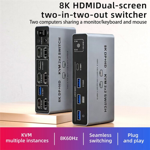 KVM 2x2 Compatível com DP+ 8K, com Duas Entradas e Duas Saídas, para Compartilhamento de Monitor, Teclado e Mouse em Laptops/PCs, com 2