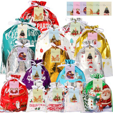 30Pcs Christmas Drawstring Gift Bags, 15 Design Xmas Wrapping Bags With Tags Assorted 5 Sizes Large Medium Small Gift Bag for Christmas Party