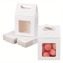 Emartbuy Kraft Window Gable Gift Box Bag with Handle ? White ? Size 2 (19.5 ? 13.5 ? 8 cm) ? Pack of 12 | Favor, Bakery, Hampers