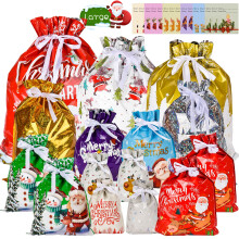 Christmas Drawstring Gift Bags, 15 PCS Xmas Gift Bags with 15 Tags 7 Design 5 Size Large or Small Wrapping Bags, Reusable Christmas Goody Bags Xmas