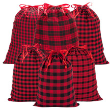 G2PLUS 6PCS Large Fabric Gift Bags: Reusable Christmas Drawstring Bags, 50x40CM and 40x30CM,Red-Black Strip Xmas Sacks for Presents Wrapping