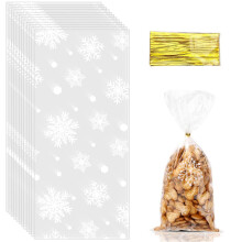 Pack of 100 Christmas Cookie Bags, Snowflake Candy Bags, Cellophane Bags, Clear with 100 Twist Ties, for Sweets, Biscuits, Chocolates