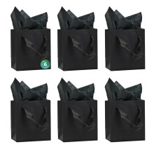 Aosric Black Gift Bags with Tissue Paper, 6 Pack 10x7x11.4 cm Reusable Goodie Bag for Christmas Gifts, Halloween Treats, Wedding, Baby Shower,