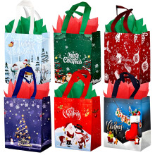 6Pcs Non-Woven Gift Bags with Tissue Paper - Reusable Medium XMAS Treat Bags with 'Merry Christmas' Design for Christmas & New Year