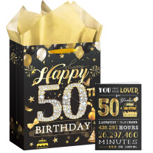 50th Birthday Medium Gift Bag, Black and Gold Birthday Presents Bag with Greeting Cards and Tissue Paper, Perfect for Any 50th Celebration