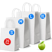 White Paper Bags with Handles - 25 Pack, XLarge 12 x 12.5 x 5.5", Twisted Handle Carrier Bag, Retail Lunch Party Gift