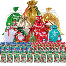 10Pcs Christmas Drawstring Gift Bags,Reusable Xmas Foil Gift Bags for Presents,Christmas Pull String Foil Bags,Large Medium Small Drawstring Wrapping