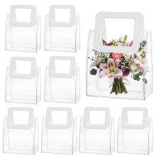 Mritrit 10 Pcs Small Clear PVC Gift Bags Transparent Tote Bag with White Handles Reusable Little Clear Gift Bags for Wedding Guest Party Favor