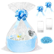 SelfTek Gift Basket Hamper Kit, Blue Rope Basket with Cellophane Bags, Raffia and Pull Bows Woven Storage Baskets Empty Gift Hamper for Shower,