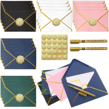 Fzyisw 25Pcs Coloured Envelopes 17,5x13,5cm Gift Envelopes with 25 Blank Cards, 25 Gold Foil Envelope Seals Favor Stickers and 2 Gold Pens for DIY