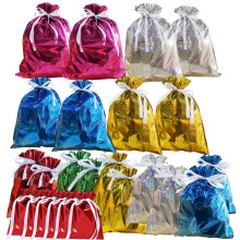 24 Pack Foil Gift Bags Drawstring Solid Color Present Wrapping Bags,6 Color Shimmer Multipack Wrapping Bag,Jumbo Christmas Bag,Reusable Large Xmas