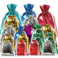18 Pack Foil Gift Bags Drawstring Gift Bags Multipack,7 Solid Colors Shimmer Birthday Bag Large Christmas Sacks,Reusable Jumbo Xmas Bag Gift Wrapping
