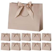 10 Pcs Champagne Gift Bags with Bow Ribbon, Paper Party Favor Prentsent Bag with Handles for Mother's Day Wedding Graduation Birthday Party