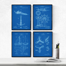 Nacnic BLUE - Pack of 4 sheets with patents boats. Set posters with inventions and old patents. Choose the color you like. Printed on 250 grams