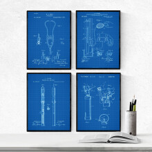 Nacnic BLUE - Pack of 4 sheets with PATENTS medical equipment. Set posters with inventions and old patents. Choose the color you like. Printed on 250