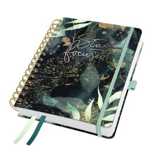 SIGEL J6603 Spiral diary Jolie 2026-1 year - approx. A5 - Glamorous Leaves - 2 pages = 1 week - hardcover - 120 gsm - black/green/gold - 240 p. -
