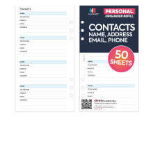 Personal size Contacts notepaper name, email, address organiser refill planner insert | 50 sheets | Compatible with Filofax personal size organisers |