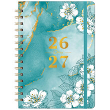 Academic Diary 2026 2027- A5 Diary 2026-2027 Week to View, Aug.26 - Jul.27, with Elegant Cover and Twin-wrie Binding - Green Marble and Cherry Blossom