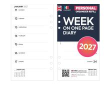 2027 Week on one page diary refill organiser insert | January 2027 ? December 2027 | Compatible with Filofax personal size organisers | 95 x 171mm