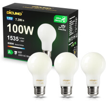 DiCUNO E27 Edison Screw Light Bulb, 7.3W (100W Equivalent), Glass Filament Bulb A60, Energy Efficient A Class LED, 4000K, 1535LM, Non-dimmable, 3 Pcs