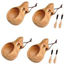 4Pack Nordic Style Wooden Cup Kuksa Cup Portable Outdoor Camping Drinking Mug Wooden Coffee Cup with Wooden Spoon