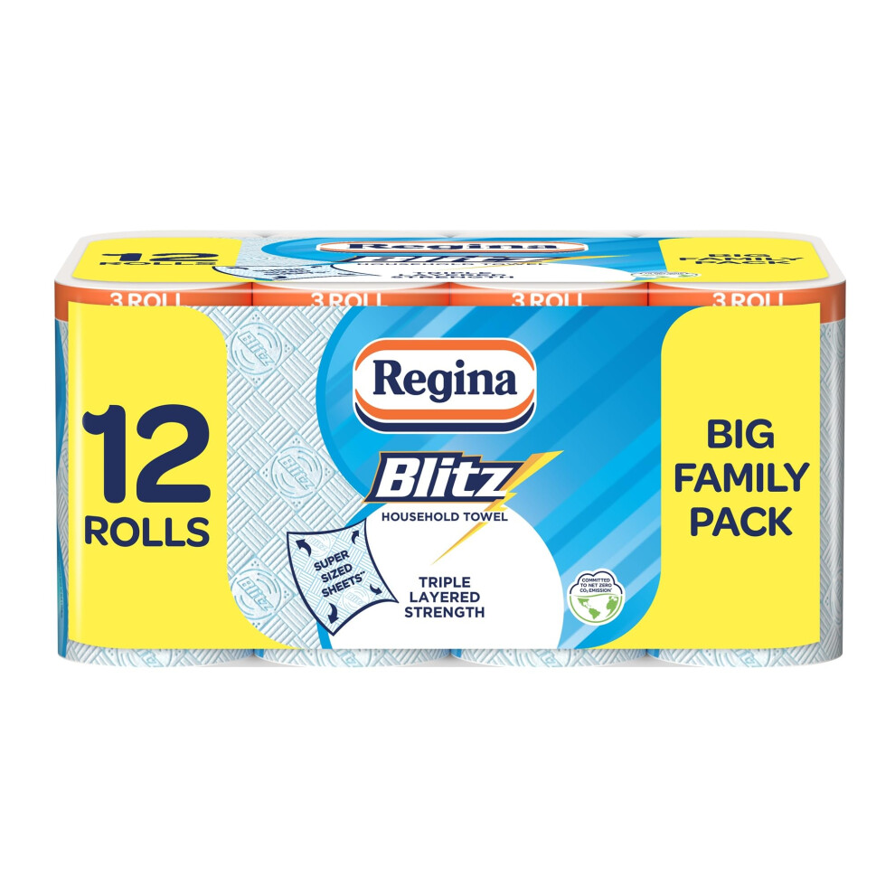 Regina Blitz Household Towels – 12 Triple Layered Rolls, 70 Sheets Per Roll, Recyclable-Paper Packaging, Fsc Certified Paper, 60% Larger Than Standa
