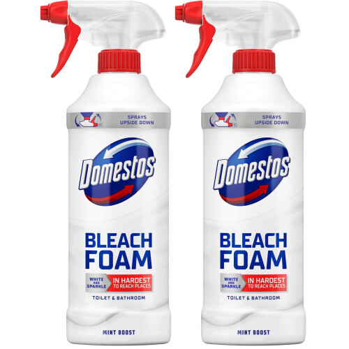 Domestos Domestos Mint Boost Bleach Foam sprays upside down for a sparkling clean ev