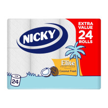 Nicky Elite Coconut Fresh Toilet Tissue - 24 Rolls of White Toilet Paper, 168 Sheets per Roll, 3-Ply, Exotic Coconut Scent, Softeness and Comfort to