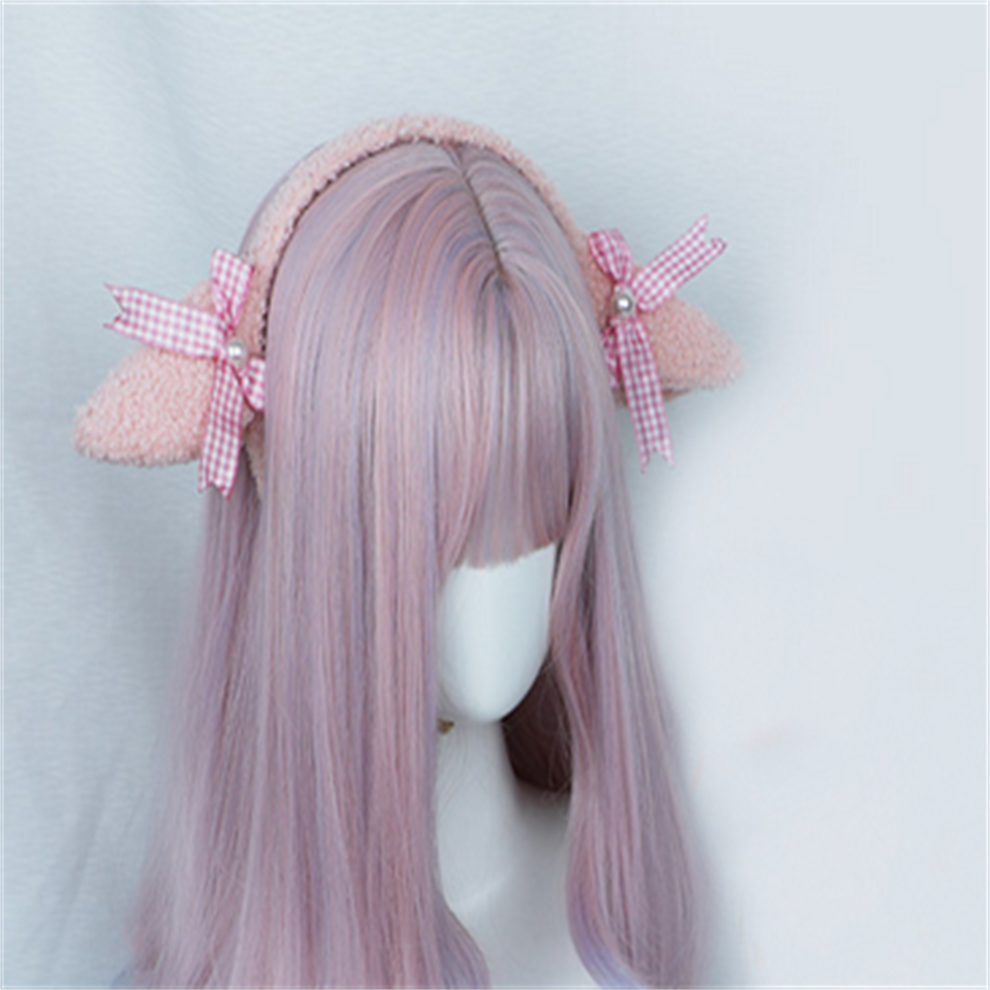 Pink (Pink) Plush Animal Hair Ornaments Cute Sheep Ears Plush Hoop With Bowknot For Lolita Lamb Ears Hair Bands Cosplay
