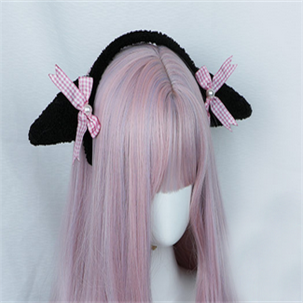 Black (Black) Plush Animal Hair Ornaments Cute Sheep Ears Plush Hoop With Bowknot For Lolita Lamb Ears Hair Bands Cosplay
