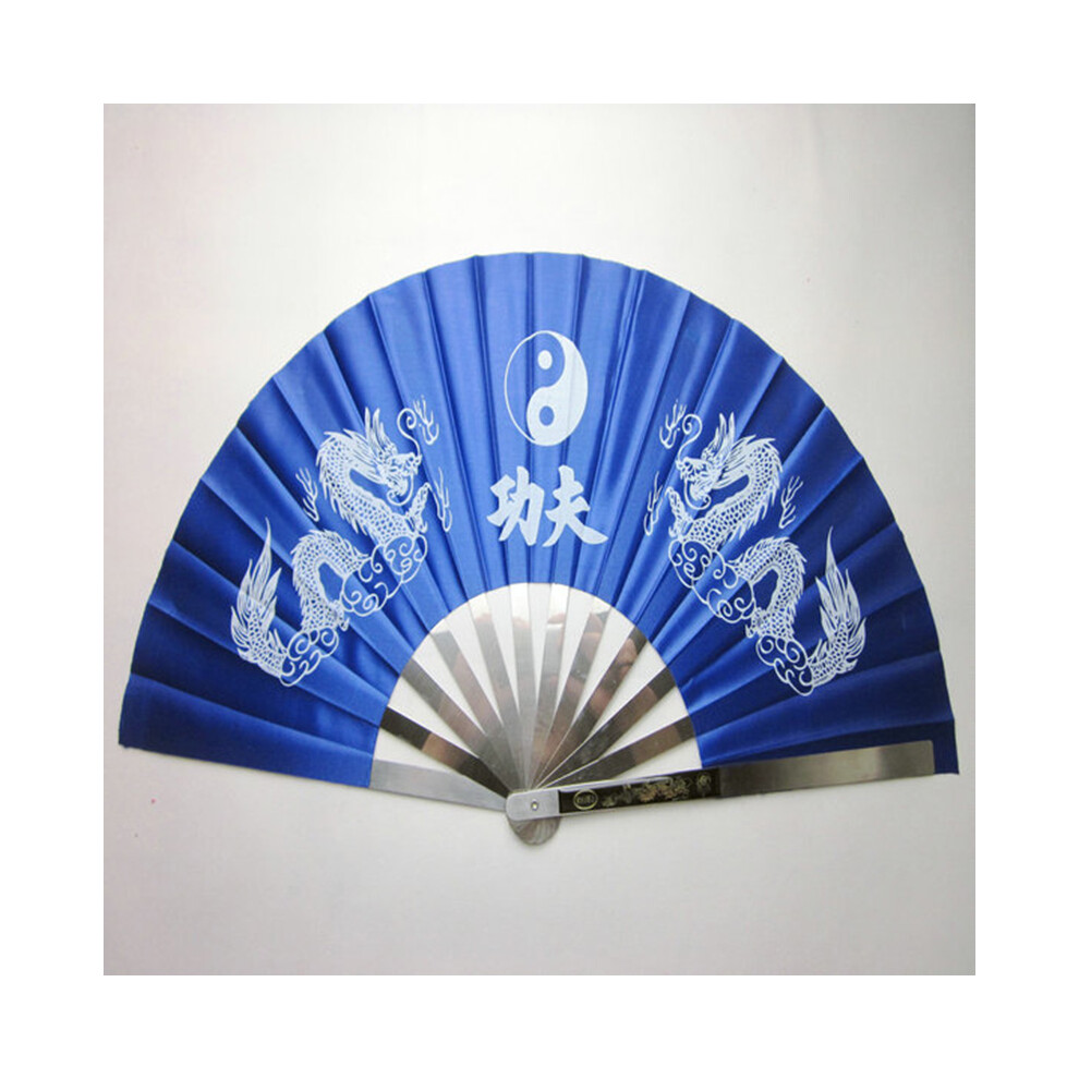 (Blue) Folding Chinese Kung Fu Martial Arts Tai Chi Dragon Stainless Steel Frame Fan Blue 123643810697